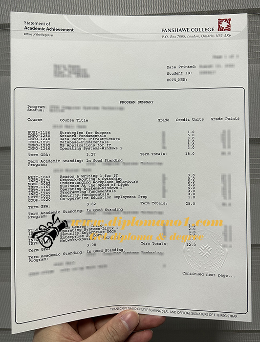 Fanshawe College transcript